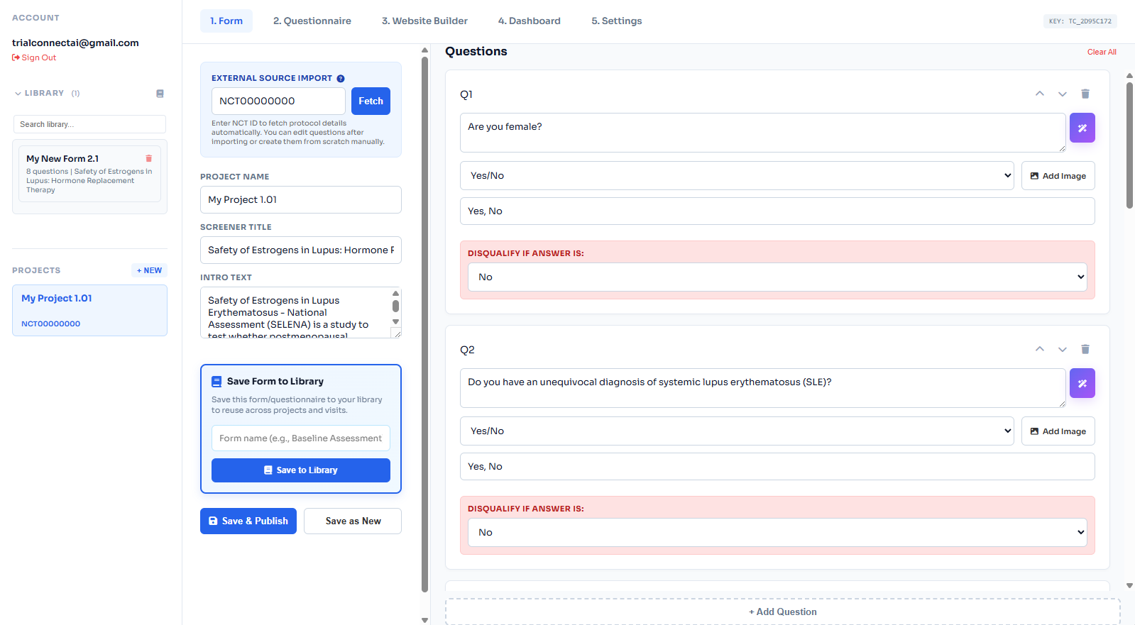 Patient screener form with eligibility logic