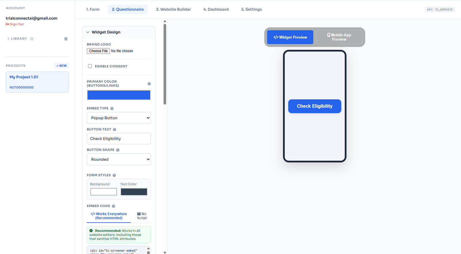 Screening widget button example