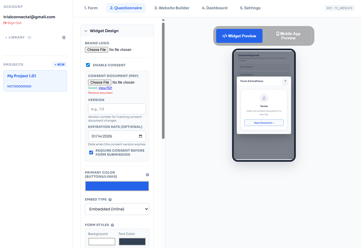 Consent widget with document